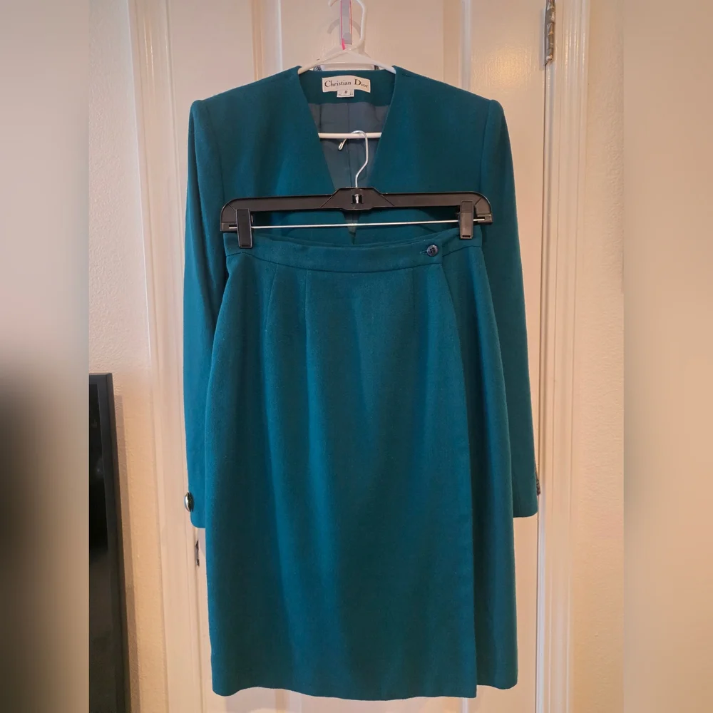 Vintage Teal Christian Dior Skirt Suit Set Size 8.